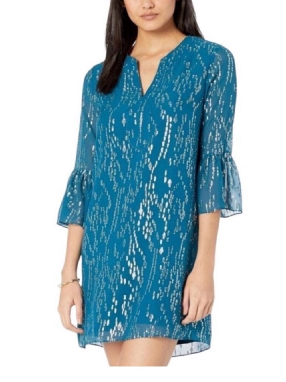 Lilly Pulitzer Elenora Silk Tunic Large Inky Tidal Fish Clip Teal Metallic Shift